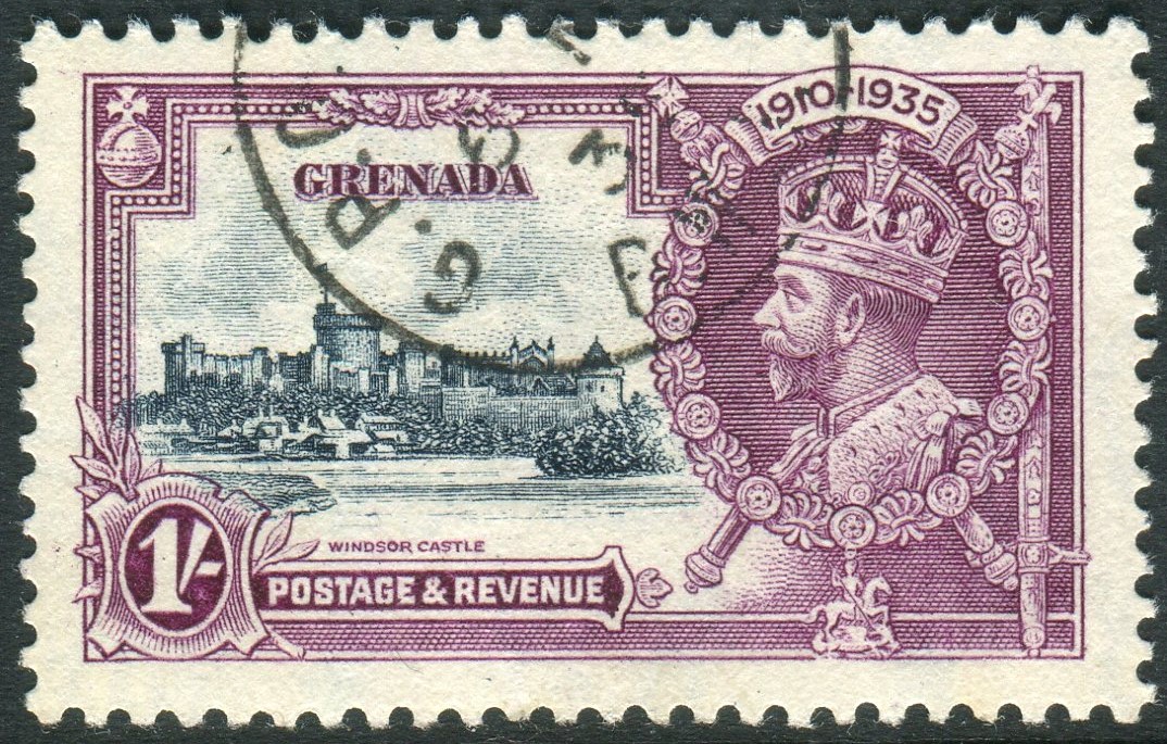 GRENADA-1935 Silver Jubilee 1/- Slate & Purple KITE & HORIZONTAL LOG