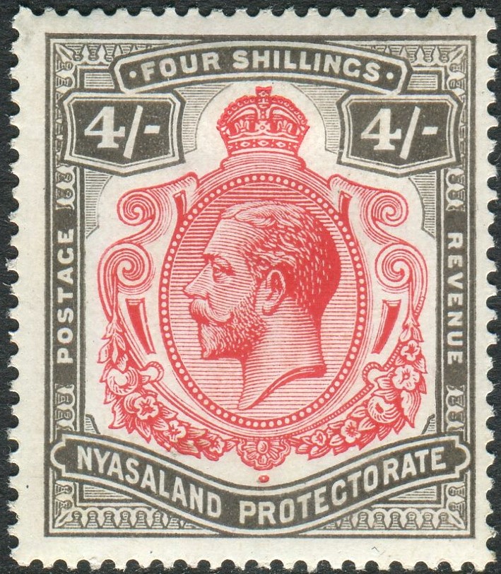 NYASALAND-1913-21 4/- Carmine & Black.