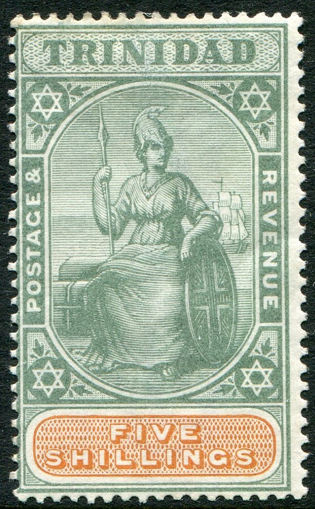 TRINIDAD-1896-1906 5/- Green & Brown
