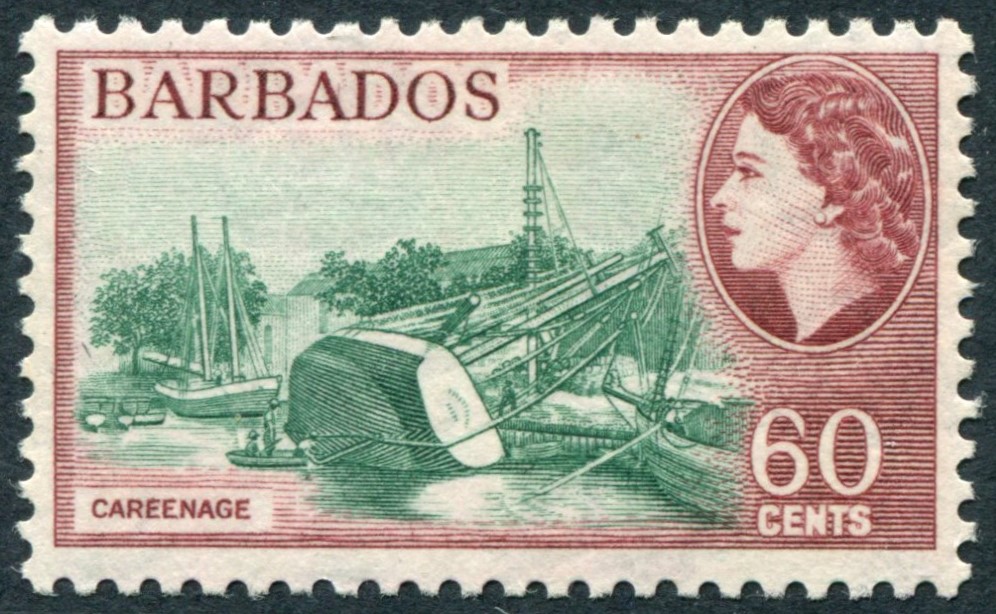 BARBADOS-1956 60c Blue-Green & Brown-Purple Sg 299 LIGHTLY MOUNTED MINT V51852