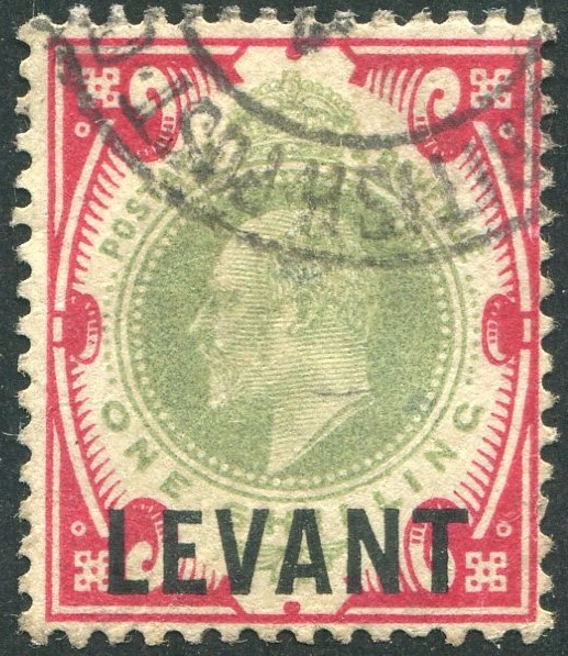 BRITISH LEVANT-1905-12 1/- Dull Green & Carmine Sg L10 GOOD USED V51941