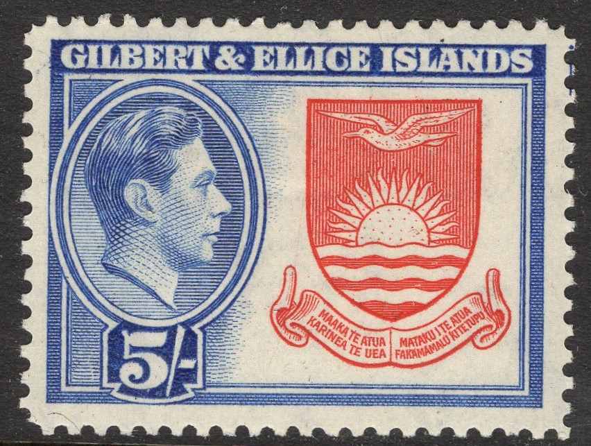GILBERT & ELLICE ISLANDS-1939-55 5/- Deep Rose-Red & Royal Blue Sg 54 LIGHTLY MOUNTED MINT