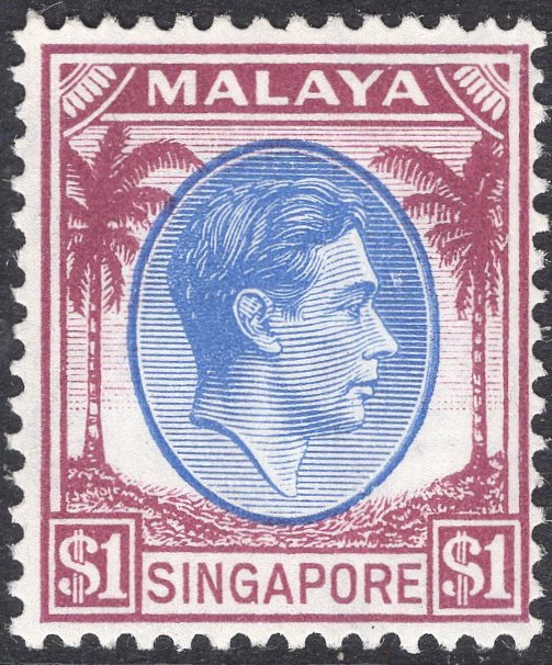 SINGAPORE-1945 $1 Blue & Purple Perf 14 Sg 13 LIGHTLY MOUNTED MINT