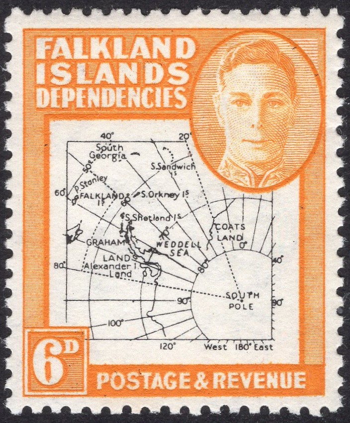 FALKLAND ISLANDS DEPENDENCIES-1948 6d Black & Orange with dot in 'T' Sg G14a MOUNTED MINT