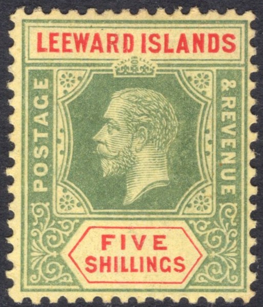 LEEWARD ISLANDS-1915 5/- Green & Red/Lemon Sg 57b LIGHTLY MOUNTED MINT
