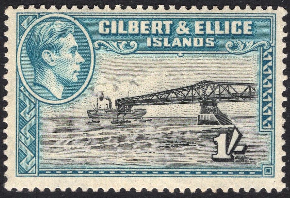 GILBERT & ELLICE ISLANDS-1939-55 1/-Brownish Black & Turquoise-Green Sg 51 MOUNTED MINT toned gum