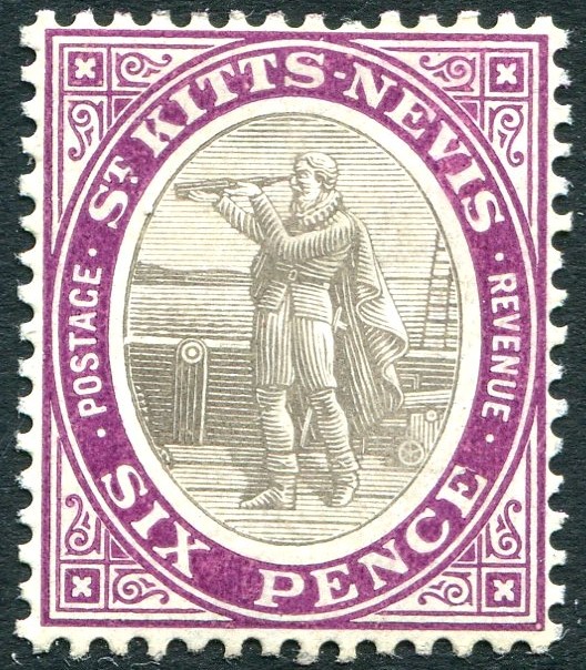ST KITTS-NEVIS-1908 6d Grey-Black & Deep Purple Sg 19a MOUNTED MINT ...