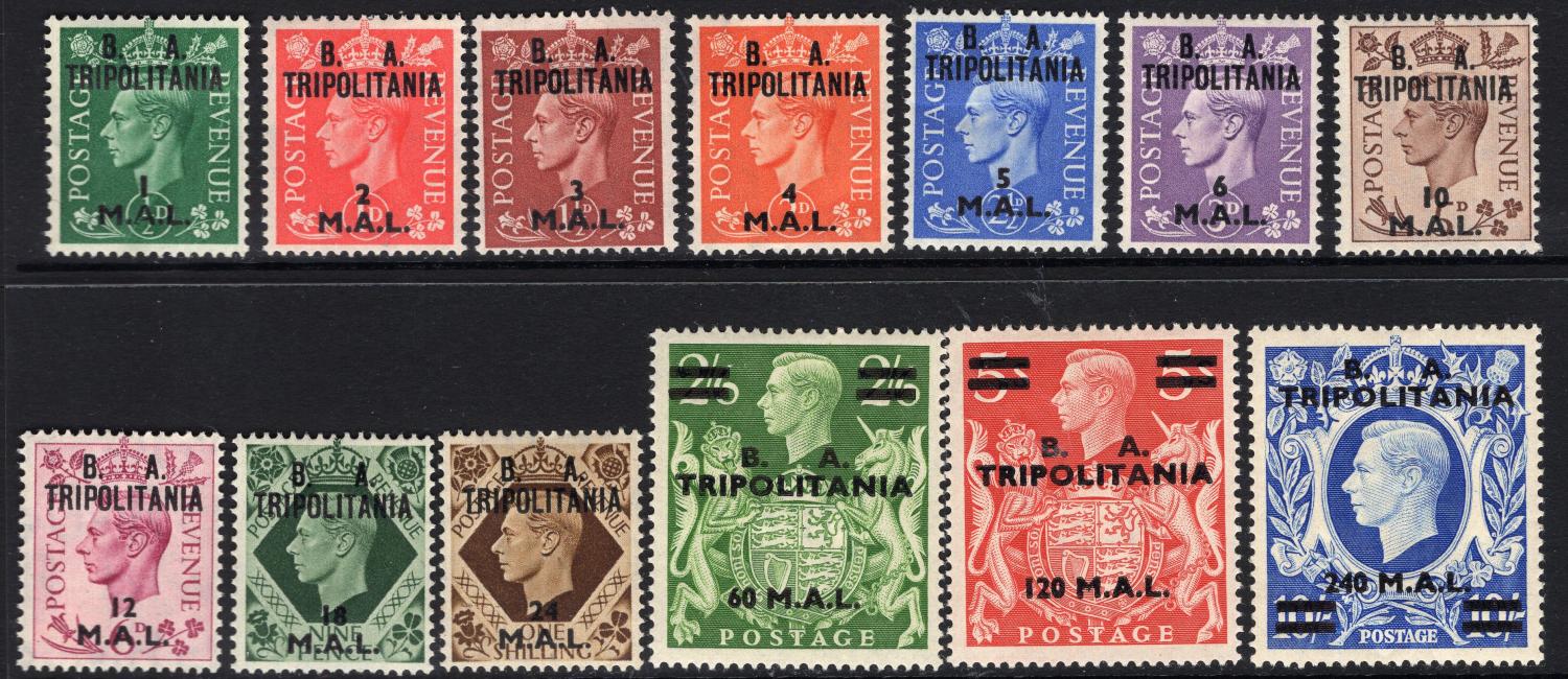 BRITISH OCCUPATION OF ITALIAN COLONIES (TRIPOLITANIA)-1950 Set to 120l on 10/- Sg T14-T26 MOUNTED MINT top value with small thin