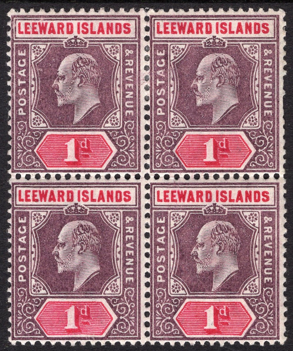 LEEWARD ISLANDS-1902 1d Dull Purple & Carmine Mint Block of 4 (lower stamps unmounted) Sg 30