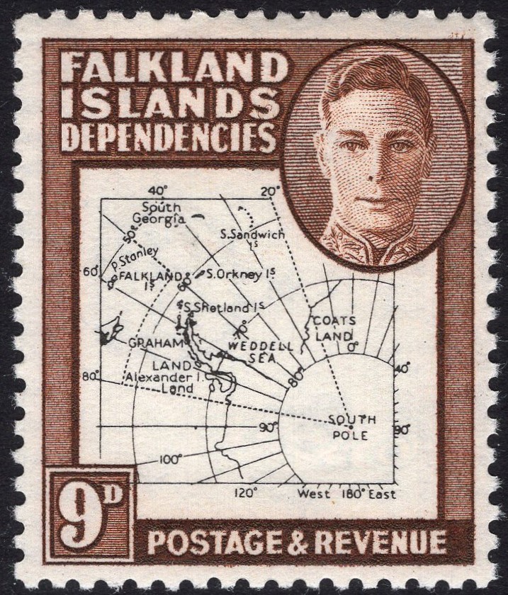 FALKLAND ISLANDS DEPENDENCIES-1948 Thin Maps 9d Black & Brown with Dot in 'T' Sg G15a LIGHTLY MOUNTED MINT