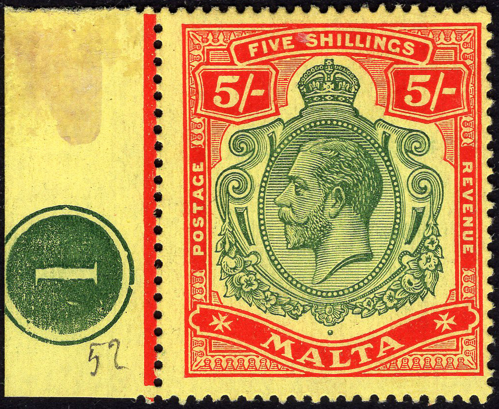 MALTA-1917 5/- Green & Red/Yellow