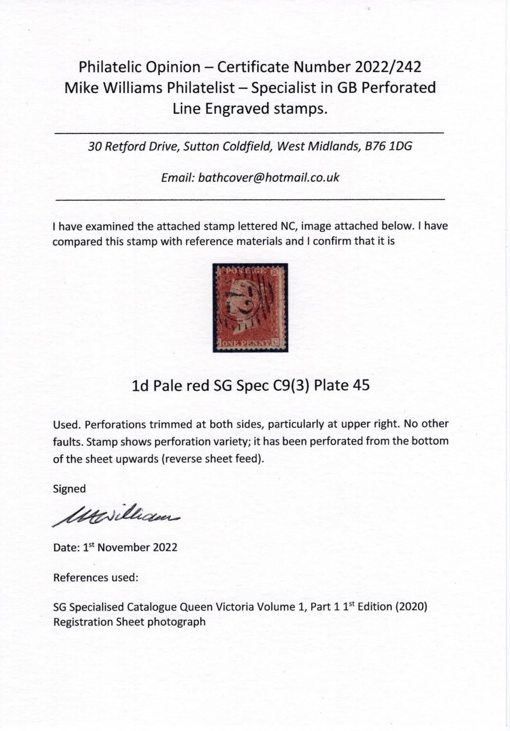 GB-Sg 40 Spec C9(3) 1d Pale Red Plate 45 NC - Image 3