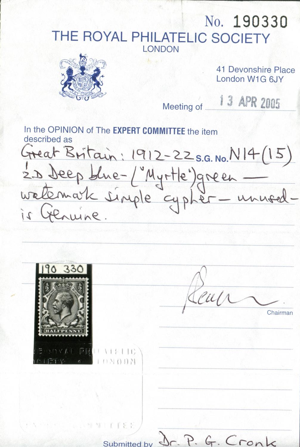 GB-Sg 356 Spec N14(15) ½d Deep Blue (Myrtle) Green - Image 3