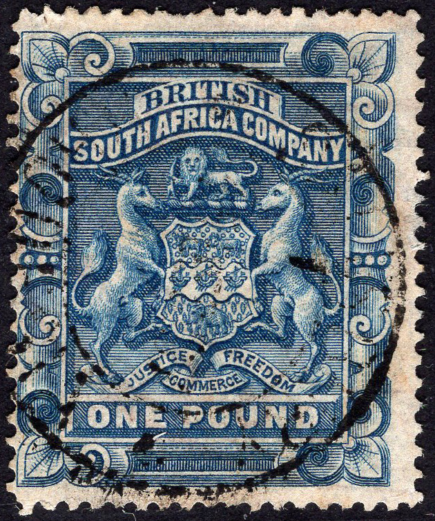RHODESIA-1892-93 £1 Deep Blue Sg 10 GOOD USED some blunt perfs ...