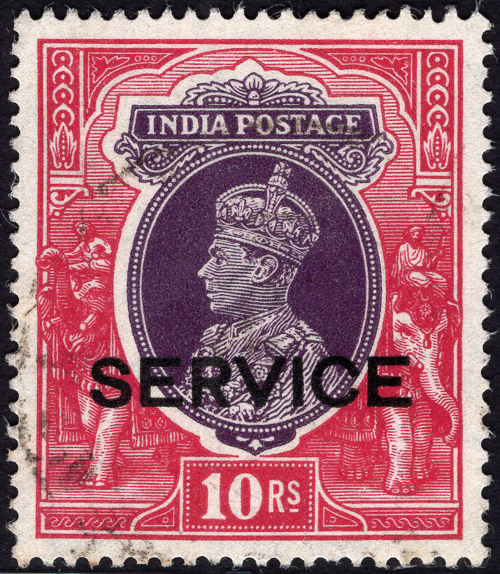 INDIA-1939 10r Purple & Claret OFFICIAL Sg O138 FINE USED