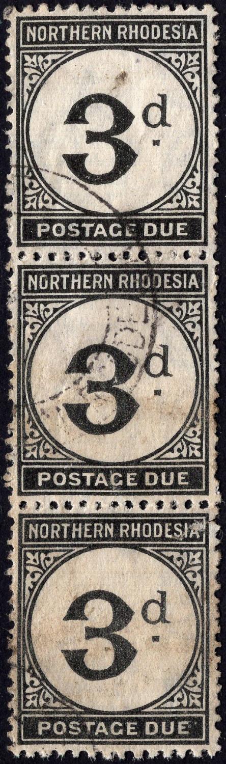 NORTHERN RHODESIA-1929-52 3d Grey-Black POSTAGE DUE strip of 3 Sg D3 ...
