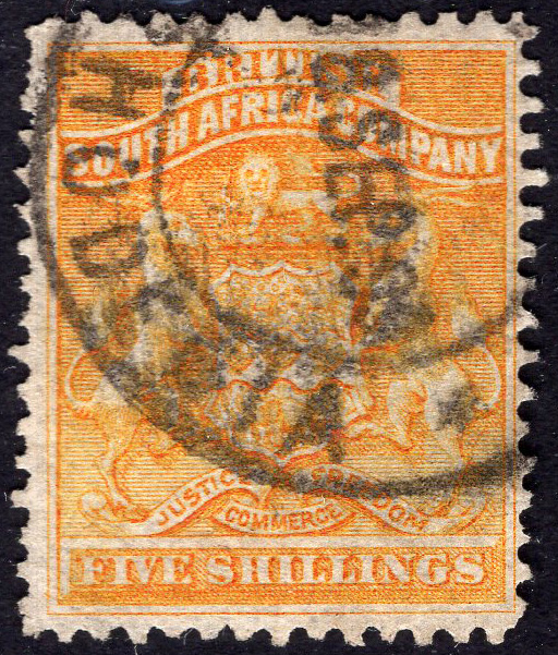 RHODESIA-1892-93 5/- Orange-Yellow Sg 8 GOOD USED | Imperium Stamps Ltd