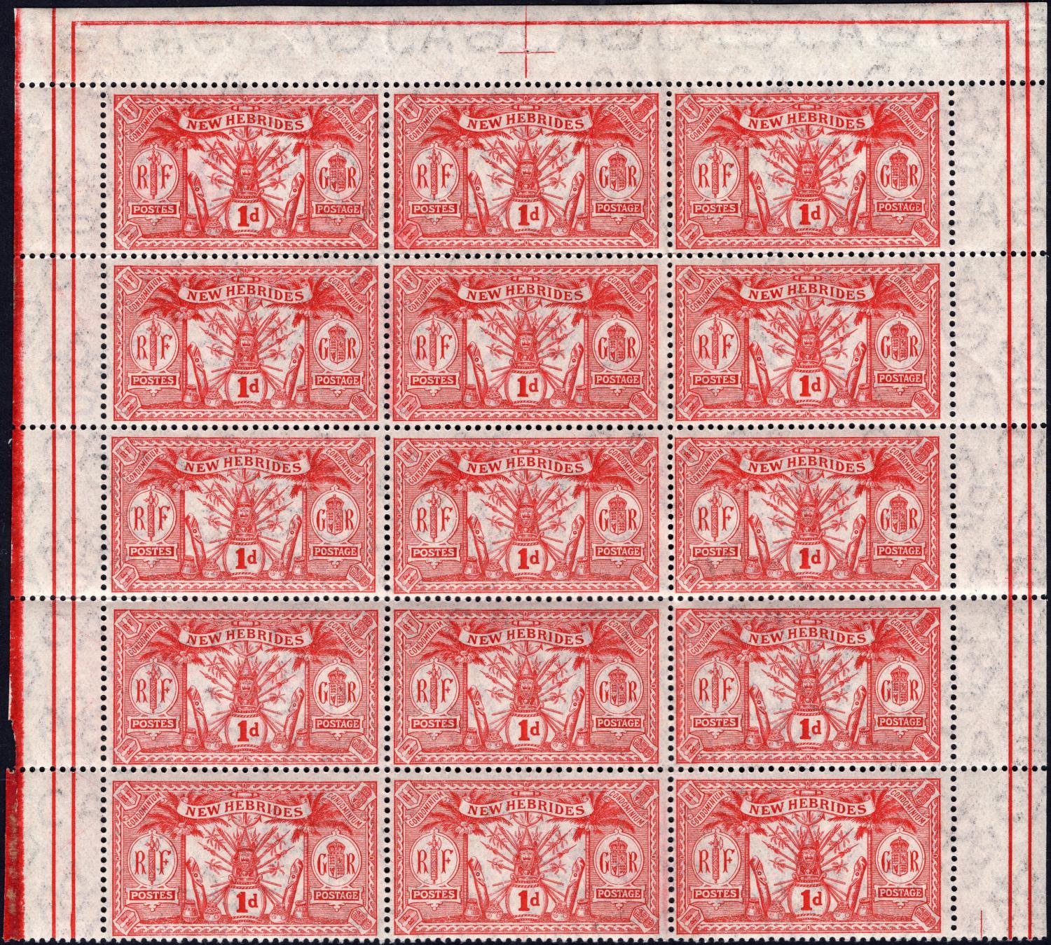 NEW HEBRIDES-1911 1d Red Unmounted Block of 15 Sg 19 folded once ...