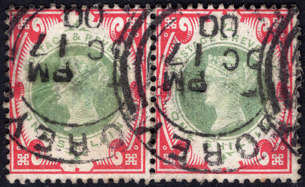 GB-Sg 214 1/- Green & Carmine Pair FINE USED one creased