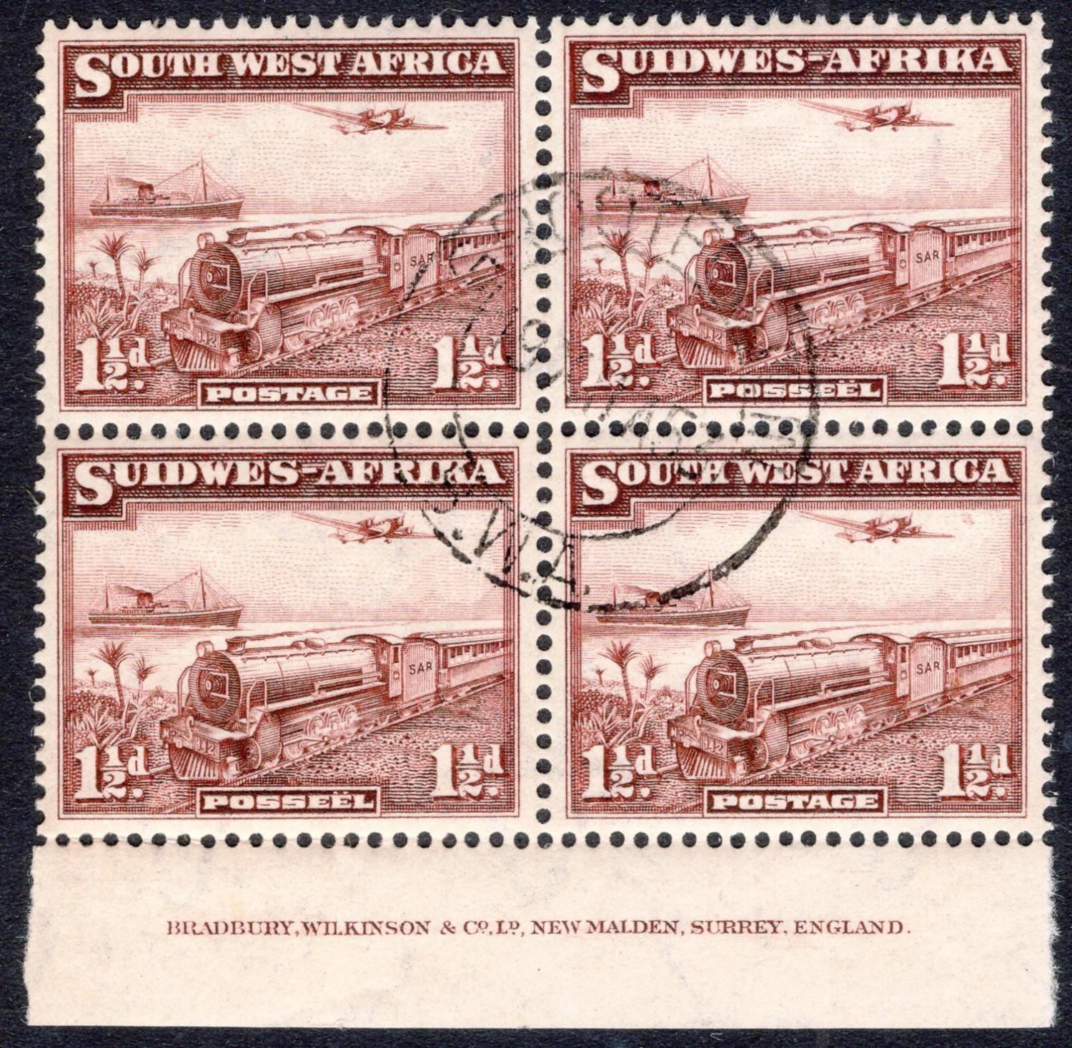 SOUTH WEST AFRICA-1937 1½d Purple-Brown Block of 4 with Imprint Sg 96 FINE USED