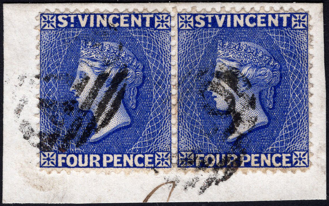 ST VINCENT-1882-83 4d Ultramarine. FU horiz pair on piece (ex.Heathcote) Sg 41x