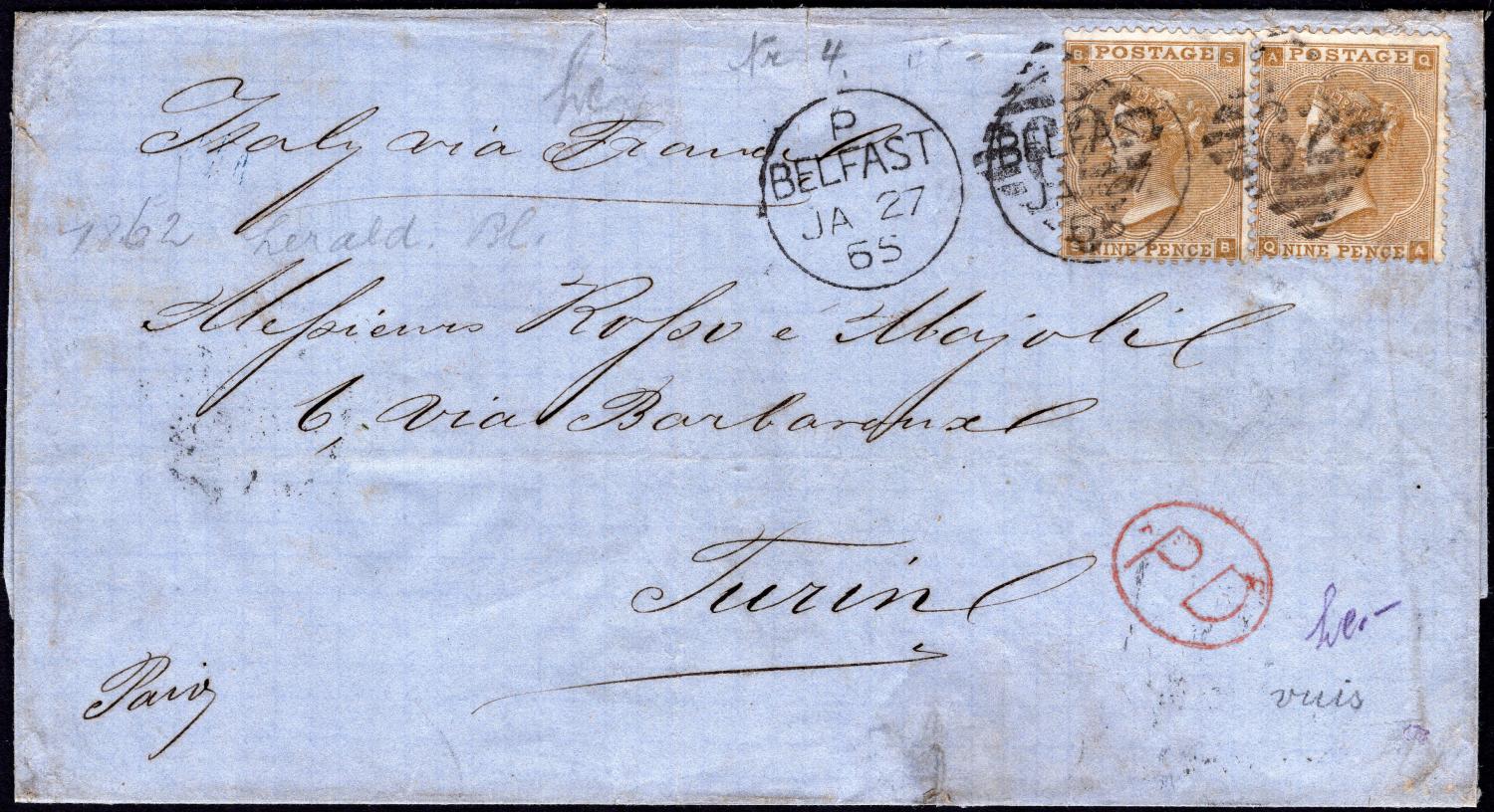 GB-Sg 86 9d Bistre.  A fine used part wrapper from Belfast to Turin 2 examples