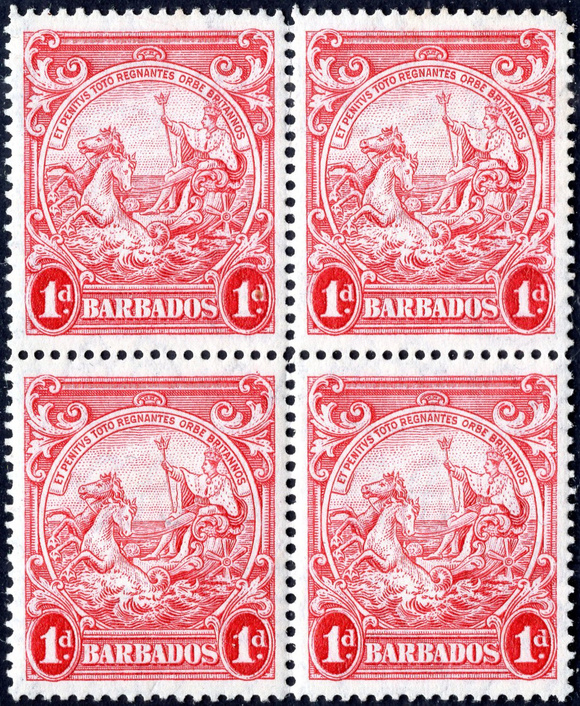 BARBADOS-1938 1d Scarlet Perf 14 Mint Block of 4 (one unmounted) Sg 249a